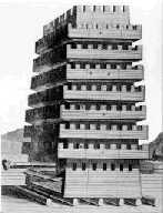 Bastida sobre rodillos con ariete. Fuente: Historia universal de los ejércitos. Ed. Hispano Europea, 1966.