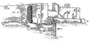 En este dibujo se pueden ver las torres albarranas del castillo de Montalb�n (Toledo), pentagonales en proa, entre las que discurre la liza entre la muralla principal y su antemuro o falsabraga (indicado por las flechas). Fuente: Glosario de arquitectura defensiva medieval. L. de Mora-Figueroa.